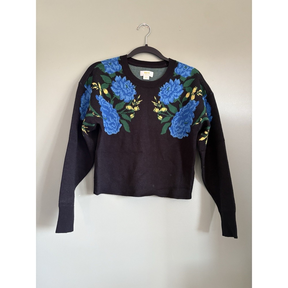 Maeve Anthropologie Camryn Cropped Black Floral Intarsia Knit Sweater Women's XS